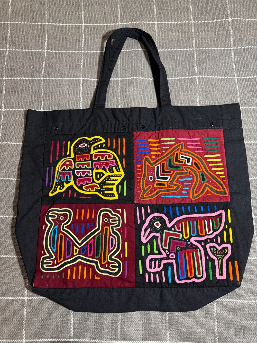 Source Unk - Black Tote with Ancient Peru style embroidered hieroglyphic panels